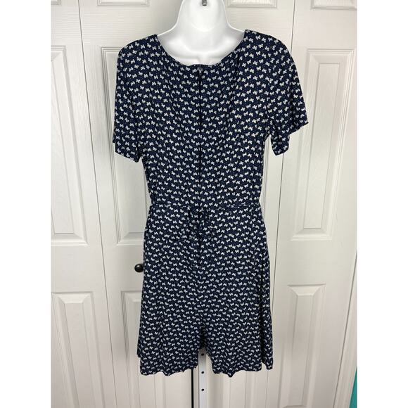 90s Alix Taylor NY Blue Rayon Bow Print Romper Dress Button Front Tie Back XS - Picture 7 of 7